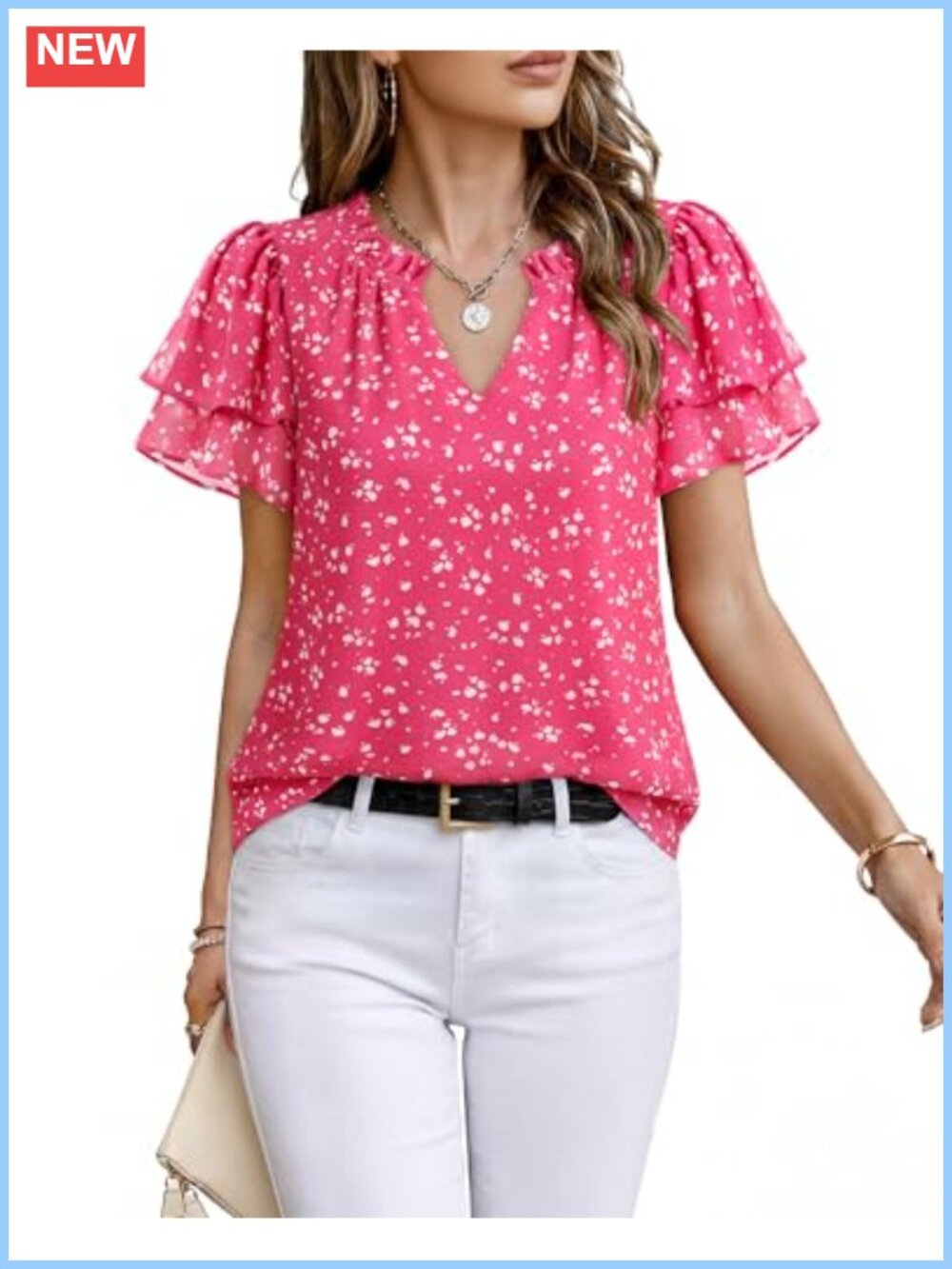 Women's Chiffon Ruffle Sleeve Blouse V-Neck Business Work Top